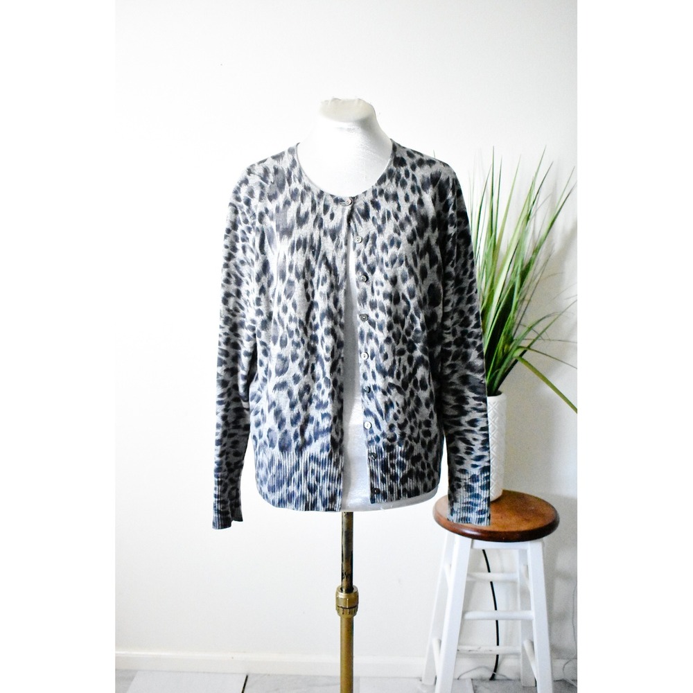 Pure Collection Cardigan Womens 8/10 Grey Leopard Print 100% Cashmere Button Up